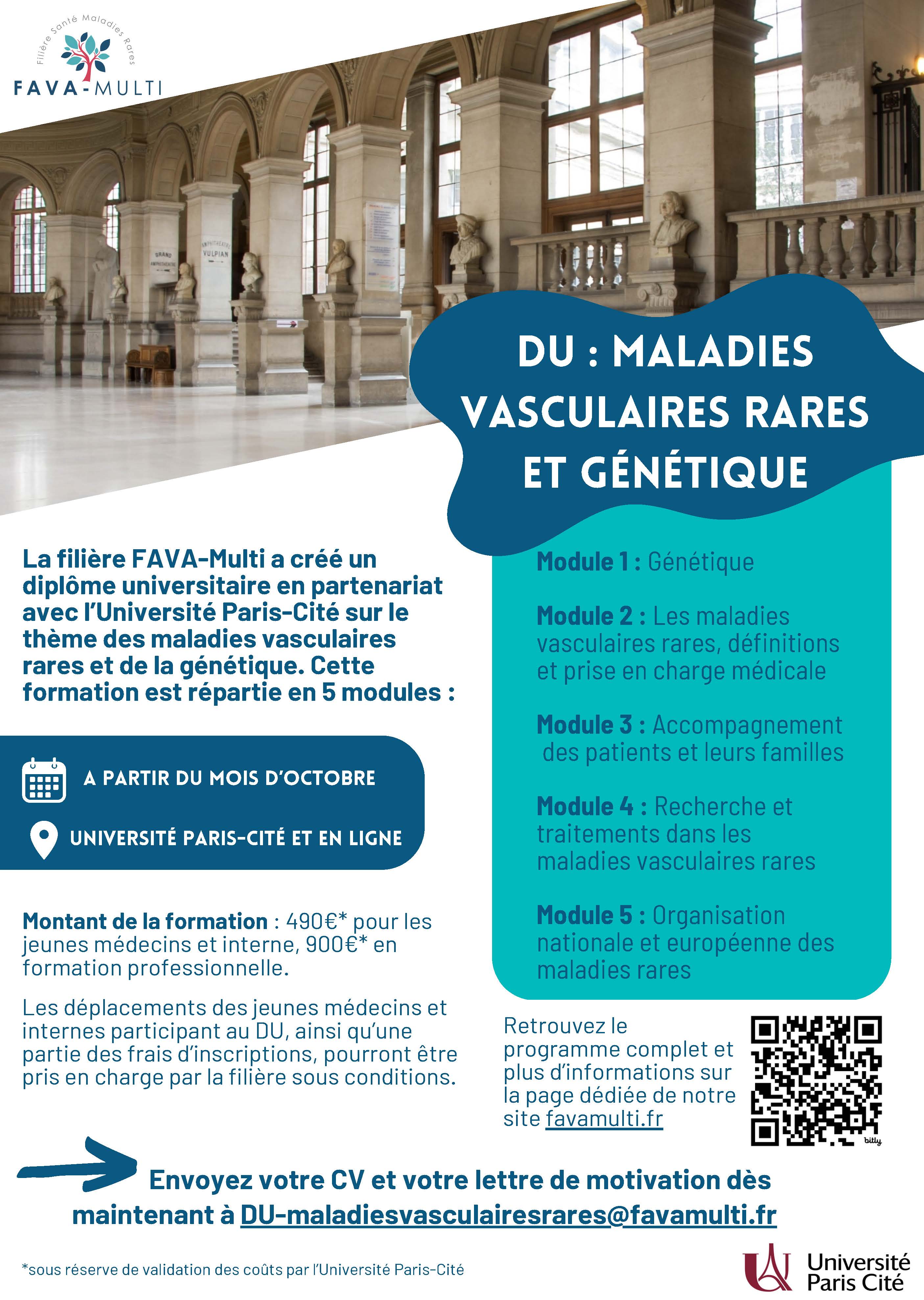 La filière FAVA-Multi a créé un diplôme universitaire en partenariat avec l’Université Paris-Cité sur le thème des maladies vasculaires rares et de la génétique. Cette formation est répartie en 5 modules :